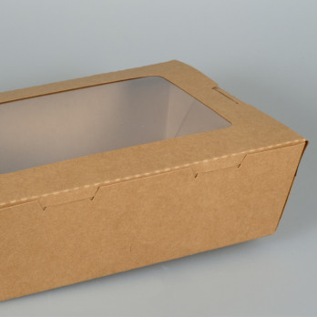 Lata rectangular de cartón kraft para ensalada con tapa con ventana 2100 ml
