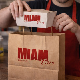 La persona envasa la comida en una caja de cartón kraft de color personalizada en una bolsa kraft personalizada