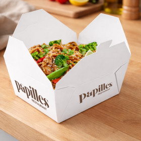 Cajas personalizadas de cartón blanco con cierre integrado y comidas para llevar