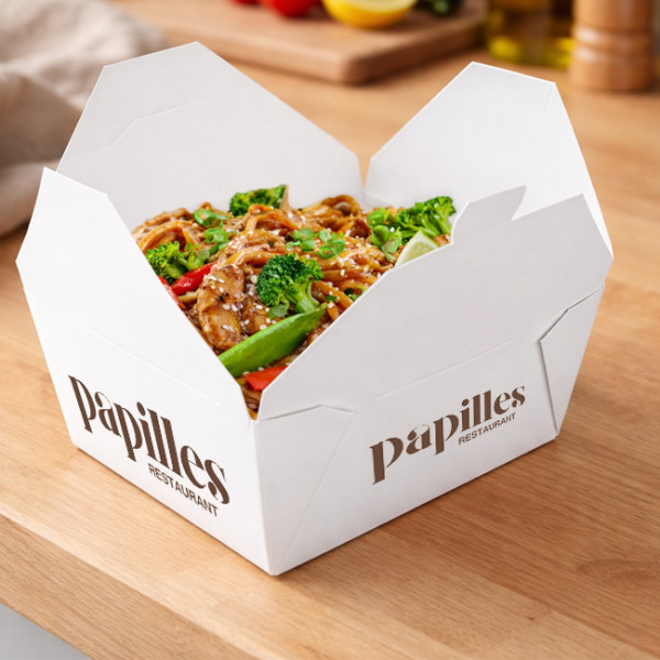 Cajas personalizadas de cartón blanco con cierre integrado y comidas para llevar