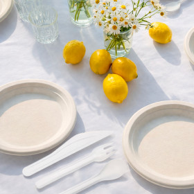 Mesa decorativa de verano con cubiertos de fibra vegetal