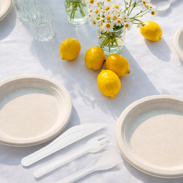 Mesa decorativa de verano con cubiertos de fibra vegetal