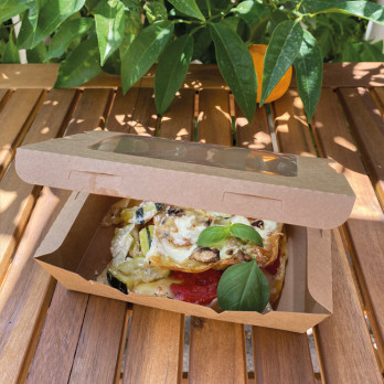 Lata de ensalada rectangular de cartón kraft con tapa de ventana 1200 ml