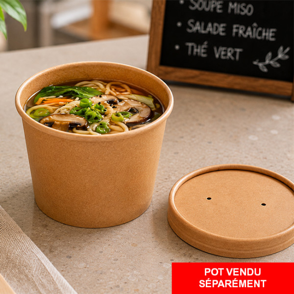 Olla sopera de cartón kraft marrón con tapa a juego para venta para llevar