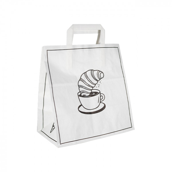 Bolsa de papel blanca decorada con asas planas, 26 + 17 x 28 cm - Colección de moda