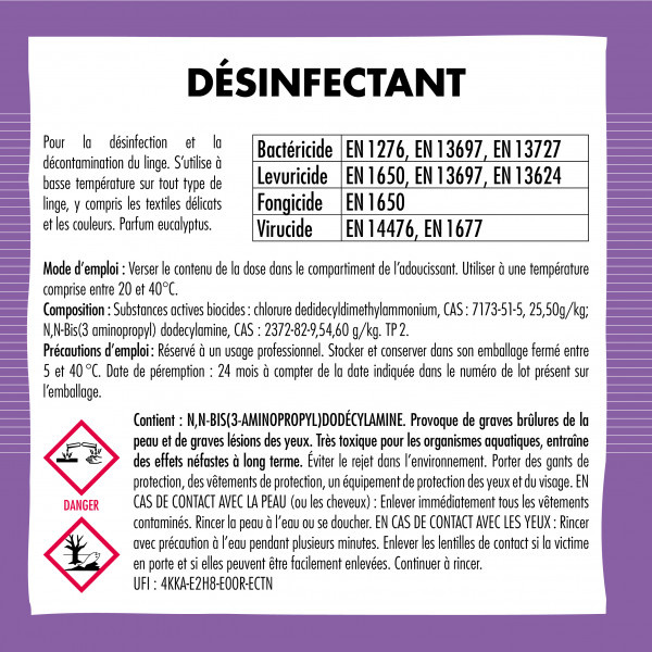 Instrucciones de uso del desinfectante líquido para ropa blanca en dosis de 50 ml