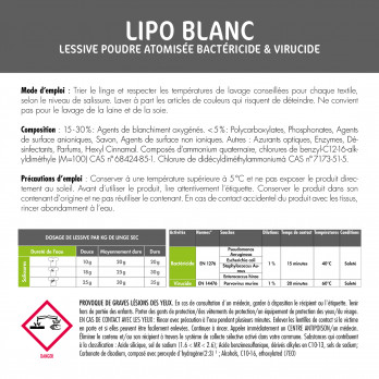 Detergente en polvo desinfectante Lipo Blanc. Saco de 20 kg