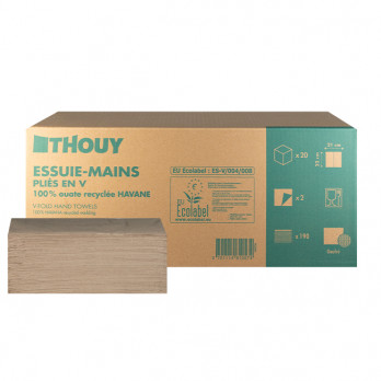 Caja de  20 paquetes Toallas secamanos Celulosa Recicldada Kraft 2 Capas plegada en V (20x190uds) 21 x 22 cm