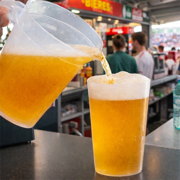 Servir cerveza de una jarra de plástico en un vaso reutilizable