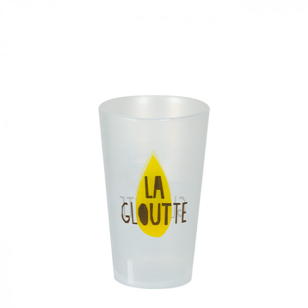 Vaso reutilizable personalizado de 18 cL con impresión digital en colores ilimitados y otros artículos reutilizables personalizados.
