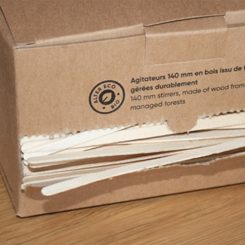 Caja dispensadora de 1000 agitadores de madera de 14 cm