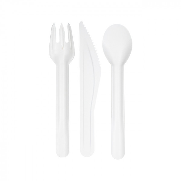 Cuchillo, tenedor y cuchara ecológicos desechables, fabricados con fibras vegetales compostables