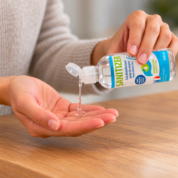 Gel hidroalcohólico de 100 ml que se aplica frotando para desinfectar las manos; formato compacto con un práctico tapón abatible para el uso diario