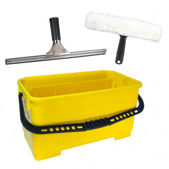 Kit completo de cristalero: cubo + escobilla de goma + limpiacristales
