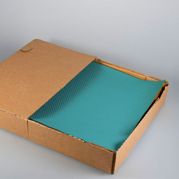 Mantel individual de papel azul turquesa en caja dispensadora