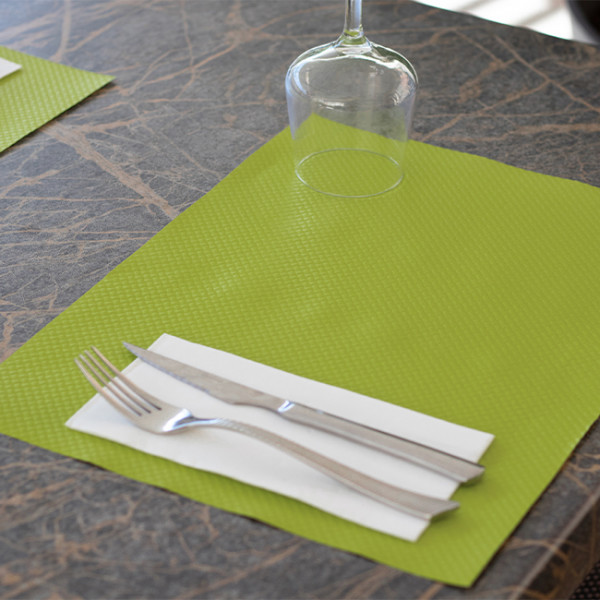 Manteles individuales baratos de papel verde anís para restaurantes