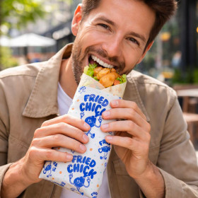 Hombre comiendo envoltorio envuelto en papel sulfurizado personalizado de comida rápida