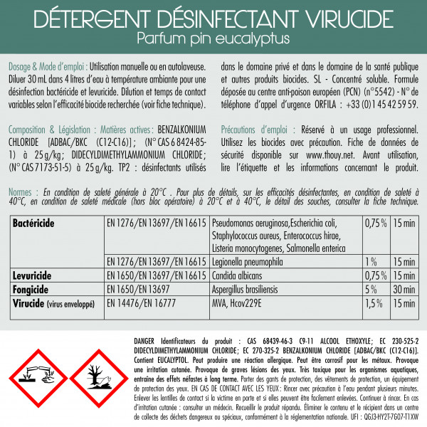 Etiqueta Detergente desinfectante virucida fragancia pino eucalipto 5 L