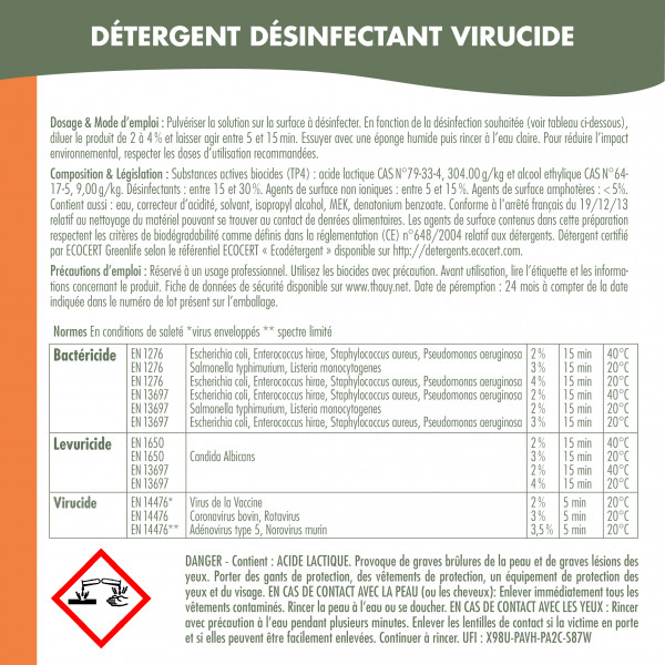 Instrucciones de uso Ecocert detergente desinfectante virucida Thouy responsable