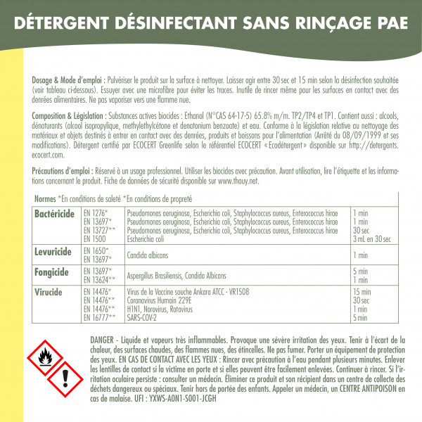 Instrucciones de uso del detergente desinfectante sin aclarado PAE certificado Ecocert