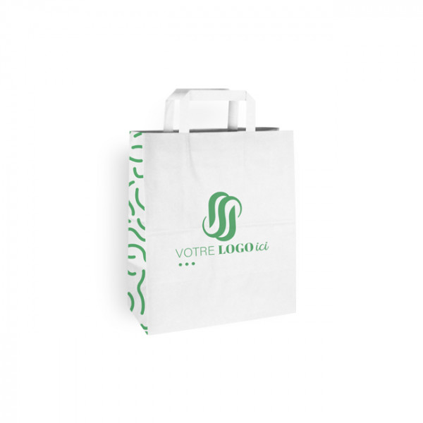 Bolsa de la compra personalizada de papel blanco 26 + 14 x 30 cm - Asas planas - Impresa hasta en 3 colores