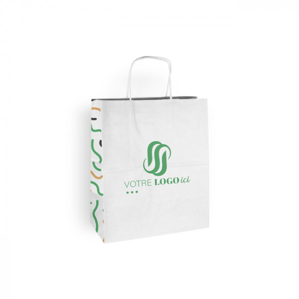 Bolsa de la compra personalizada de papel blanco 26 + 14 x 30 cm - Asas retorcidas - Impresión en hasta 3 colores