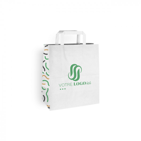 Bolsa de la compra personalizada de papel blanco 26 + 17 x 28 cm - Asas planas - Impresa hasta en 3 colores