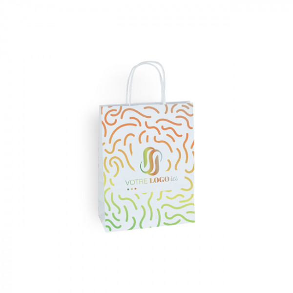 Bolsa de mano personalizada en papel blanco 18 + 8 x 24 cm - Asas trenzadas - Impresión en 1 color o cuatricromía
