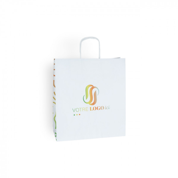 Bolsa de mano personalizada en papel blanco 24 + 11 x 32 cm - Asas trenzadas - Impresión en 1 color o cuatricromía