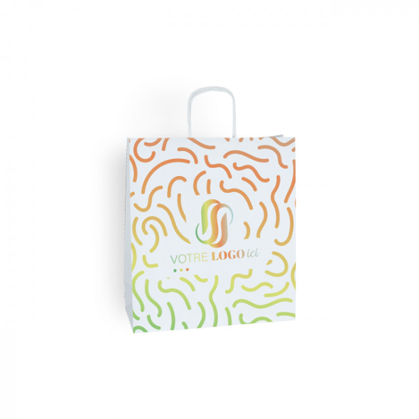 Bolsa de mano personalizada en papel blanco 24 + 11 x 32 cm - Asas trenzadas - Impresión en 1 color o cuatricromía