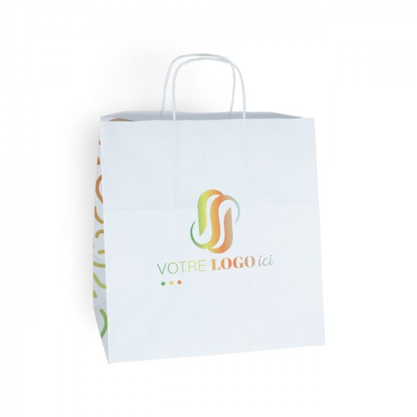 Bolsa de la compra personalizada en papel blanco 31 + 20 x 32 cm - Asas trenzadas - Impresión en 1 color o cuatricromía