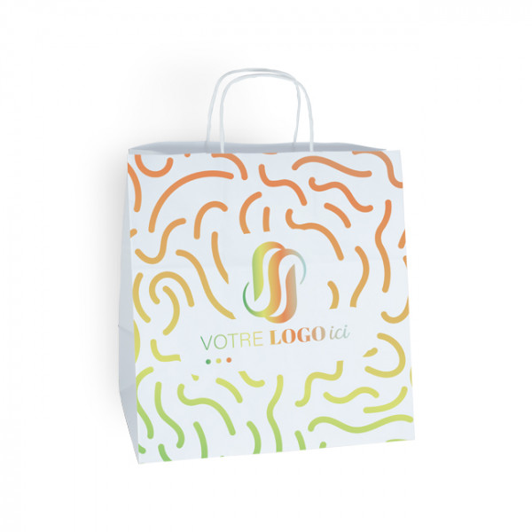 Bolsa de la compra personalizada en papel blanco 31 + 20 x 32 cm - Asas trenzadas - Impresión en 1 color o cuatricromía