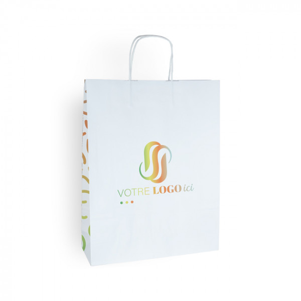 Bolsa de mano personalizada en papel blanco 32 + 11 x 42 cm - Asas trenzadas - Impresión en 1 color o cuatricromía