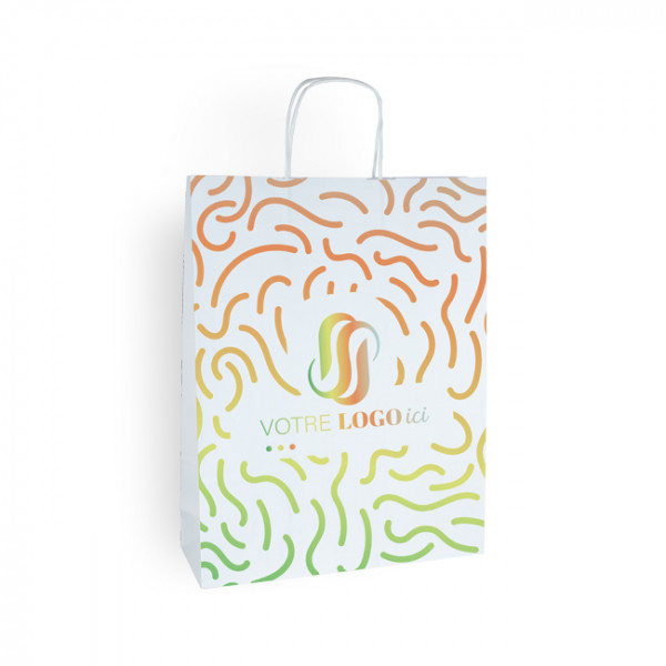 Bolsa de mano personalizada en papel blanco 32 + 11 x 42 cm - Asas trenzadas - Impresión en 1 color o cuatricromía
