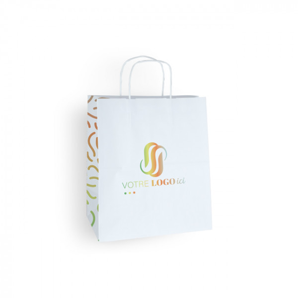 Bolsa de mano personalizada en papel blanco 27 + 16 x 31 cm - Asas trenzadas - Impresión en 1 color o cuatricromía