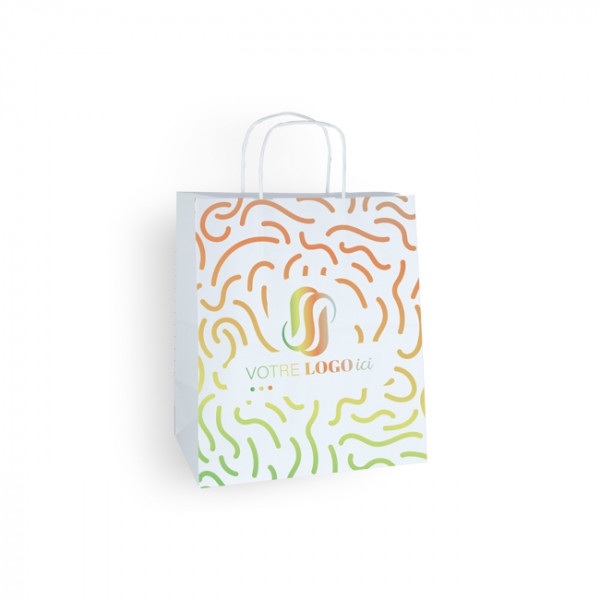 Bolsa de mano personalizada en papel blanco 27 + 16 x 31 cm - Asas trenzadas - Impresión en 1 color o cuatricromía