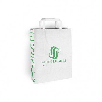 Bolsa de la compra personalizada de papel blanco 26 + 10 x 35 cm - Asas planas - Impresión hasta en 3 colores