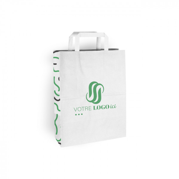 Bolsa de la compra personalizada de papel blanco 26 + 10 x 35 cm - Asas planas - Impresa hasta en 3 colores