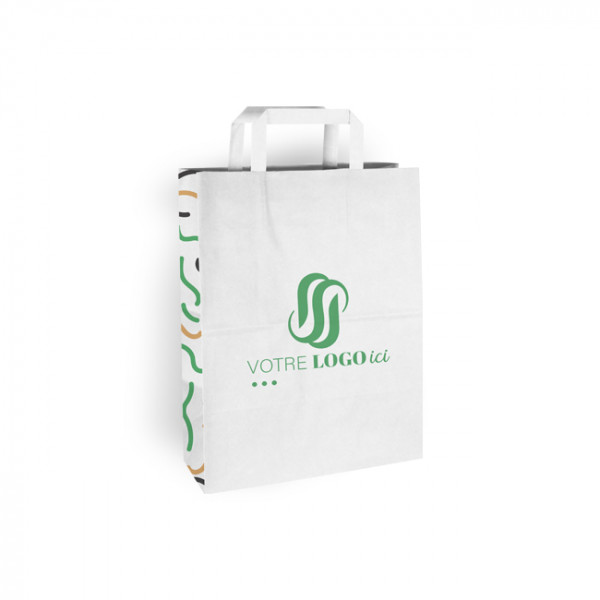 Bolsa de la compra personalizada de papel blanco 26 + 10 x 35 cm - Asas planas - Impresión hasta en 3 colores