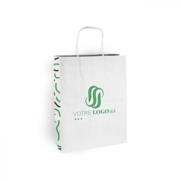 Bolsa de la compra personalizada de papel blanco 26 + 10 x 35 cm - Asas retorcidas - Impresión en hasta 3 colores