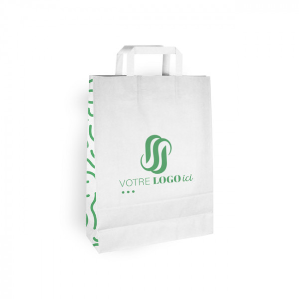 Bolsa de la compra personalizada de papel blanco 32 + 12 x 41 cm - Asas planas - Impresión hasta 3 colores