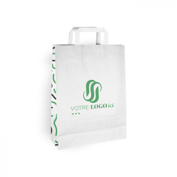 Bolsa de la compra personalizada de papel blanco 32 + 12 x 41 cm - Asas planas - Impresión hasta 3 colores