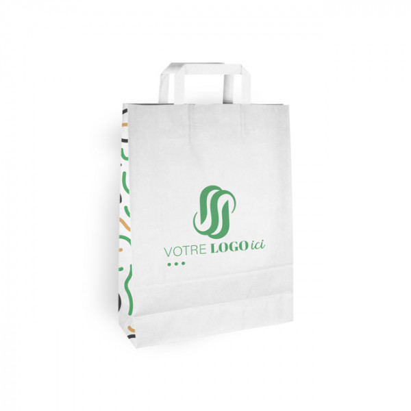 Bolsa de la compra personalizada de papel blanco 32 + 12 x 41 cm - Asas planas - Impresión hasta 3 colores