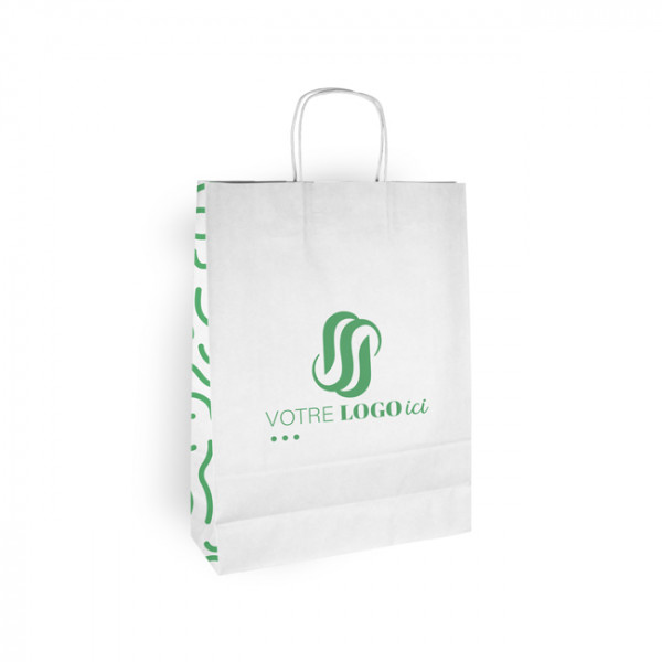 Bolsa de la compra personalizada de papel blanco 32 + 12 x 41 cm - Asas planas - Impresión en hasta 3 colores