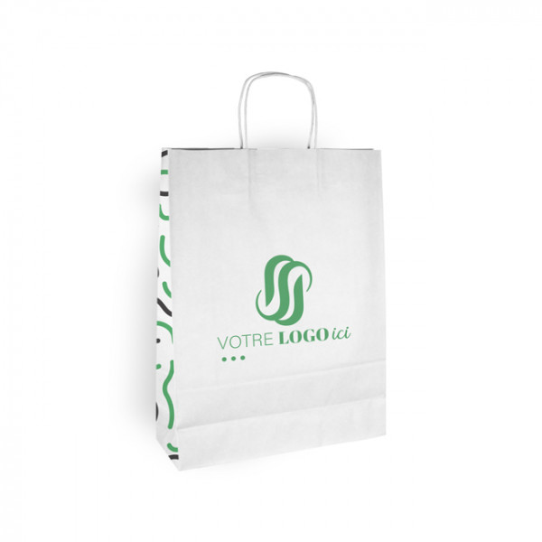 Bolsa de la compra personalizada de papel blanco 32 + 12 x 41 cm - Asas planas - Impresión en hasta 3 colores