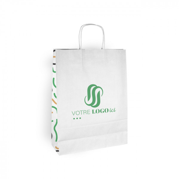 Bolsa de la compra personalizada de papel blanco 32 + 12 x 41 cm - Asas planas - Impresión en hasta 3 colores