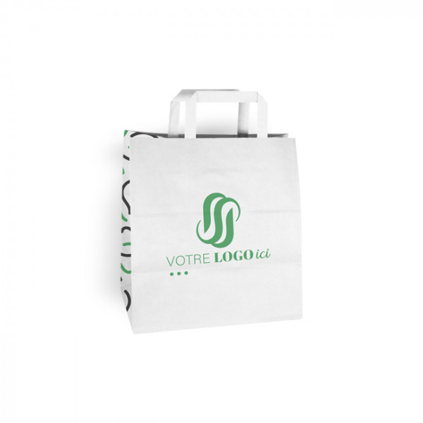Bolsa de la compra personalizada de papel blanco 32 + 22 x 29 cm - Asas planas - Impresión en hasta 3 colores