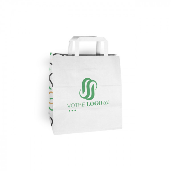 Bolsa de la compra personalizada de papel blanco 32 + 22 x 29 cm - Asas planas - Impresión en hasta 3 colores