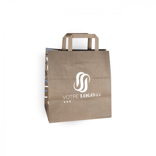 Bolsa de la compra personalizada en papel kraft 32 + 22 x 29 cm - Asas planas - Impresión hasta en 3 colores