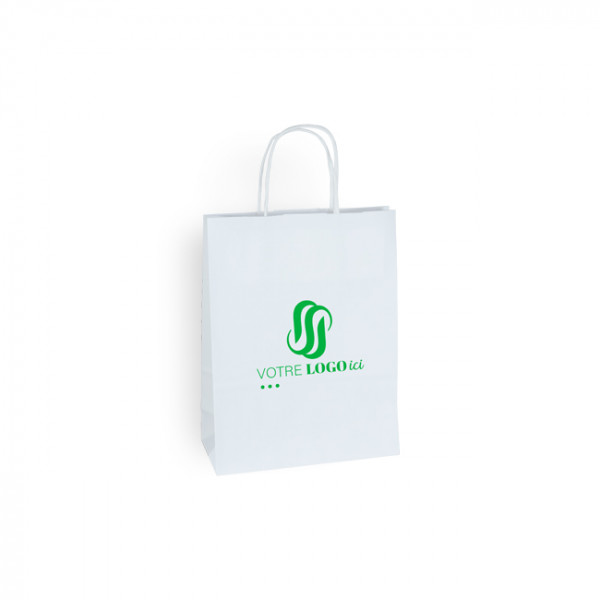 Bolsa de mano personalizada en papel blanco 18 + 8 x 24 cm - Asas trenzadas - Impresión en 1 color o cuatricromía